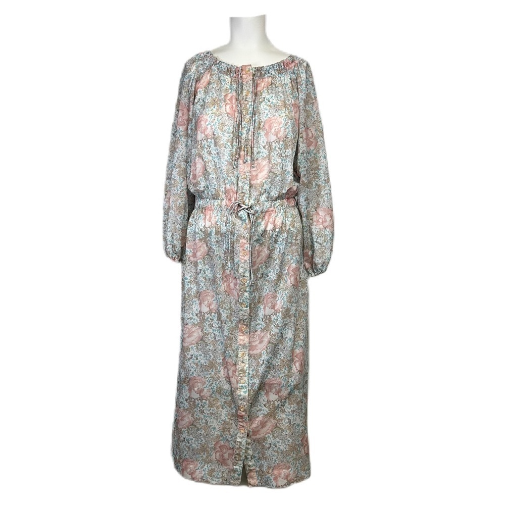 Vintage 1970's Sheer Midi Dress Pullover Button Up Duster Kaftan Floral Size M‎